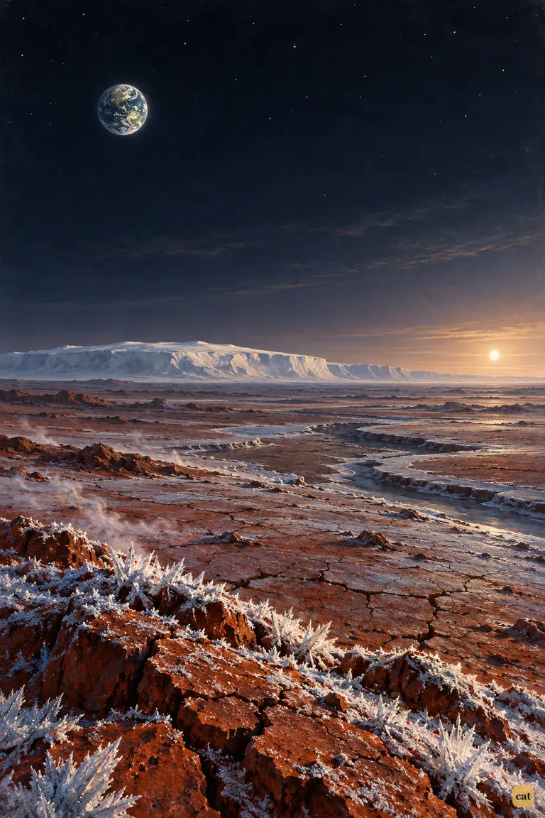 From dying Mars, a small green Earth shines in the dusk sky like a warm morning star