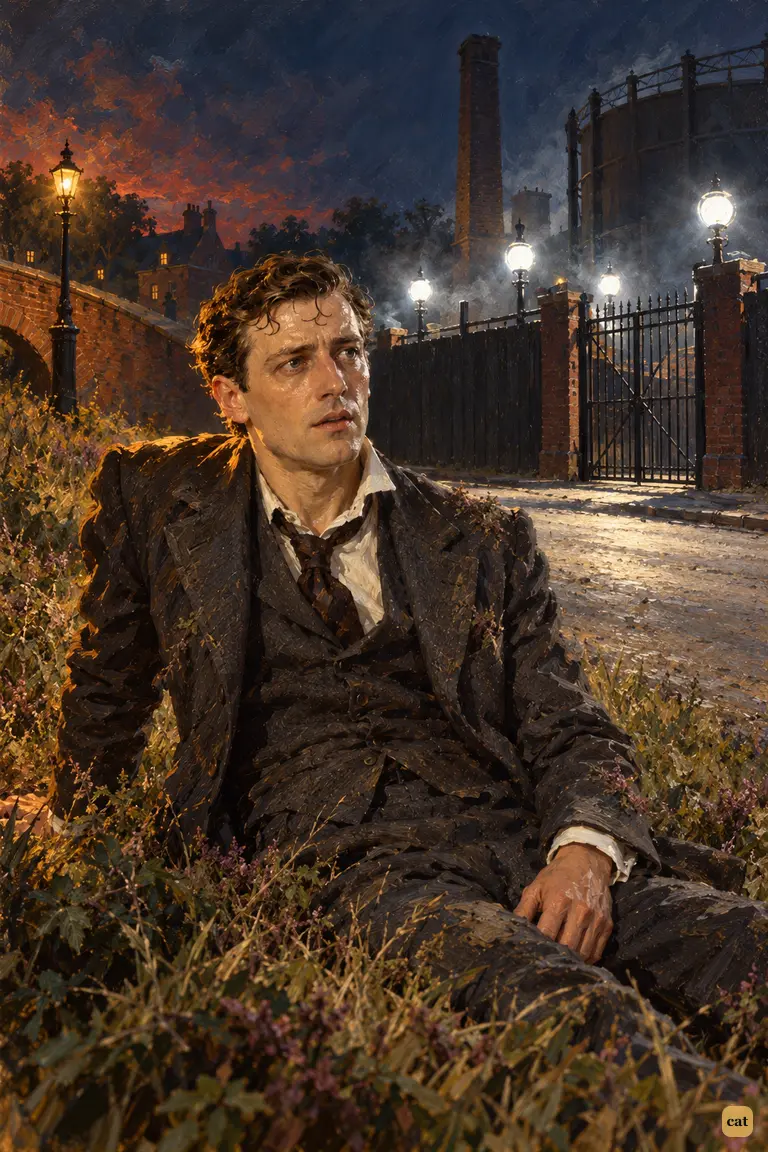 The narrator sits up on the roadside verge by the gasworks, hatless, his collar burst loose.