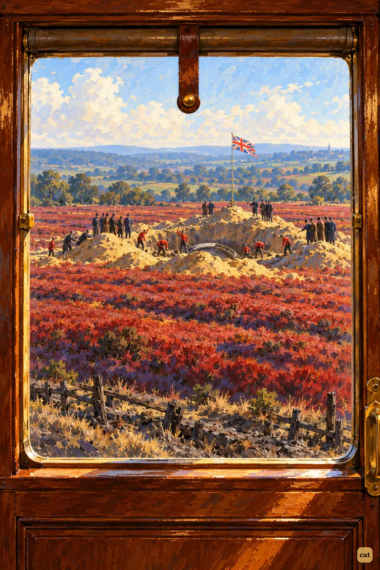 From a train, a small Union Jack flaps over the heaped earth around the sixth cylinder