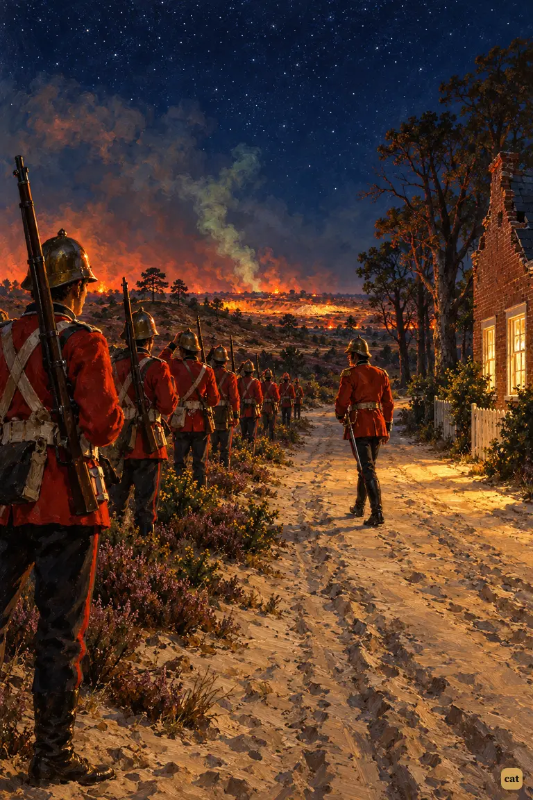 About eleven on Friday night, red-coated soldiers string out along Horsell Common's edge