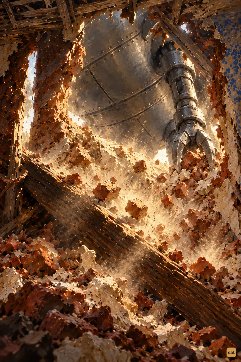 Plaster pours down as a handling-machine slides across the hole and blots out the sun