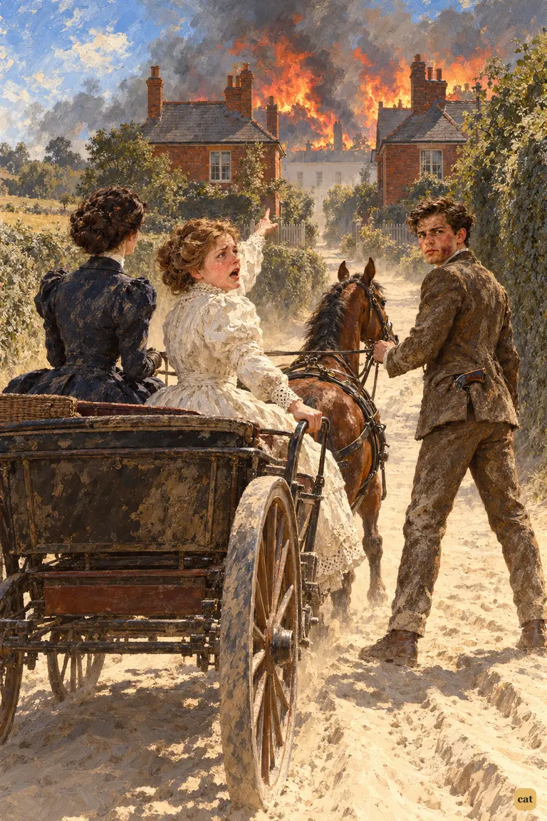 Outside Barnet, Mrs. Elphinstone half-rises in the chaise, crying out at red flames