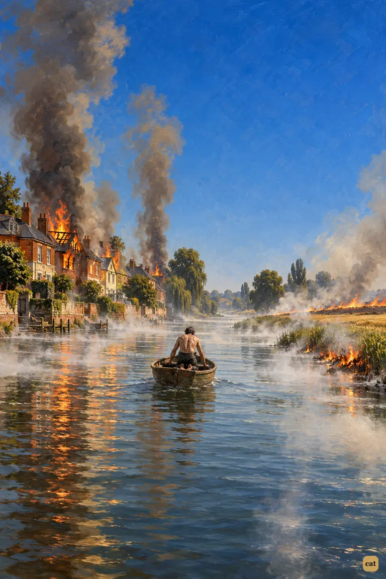 Seen from the Thames, Halliford's deserted riverside houses burn, smoke rising straight up