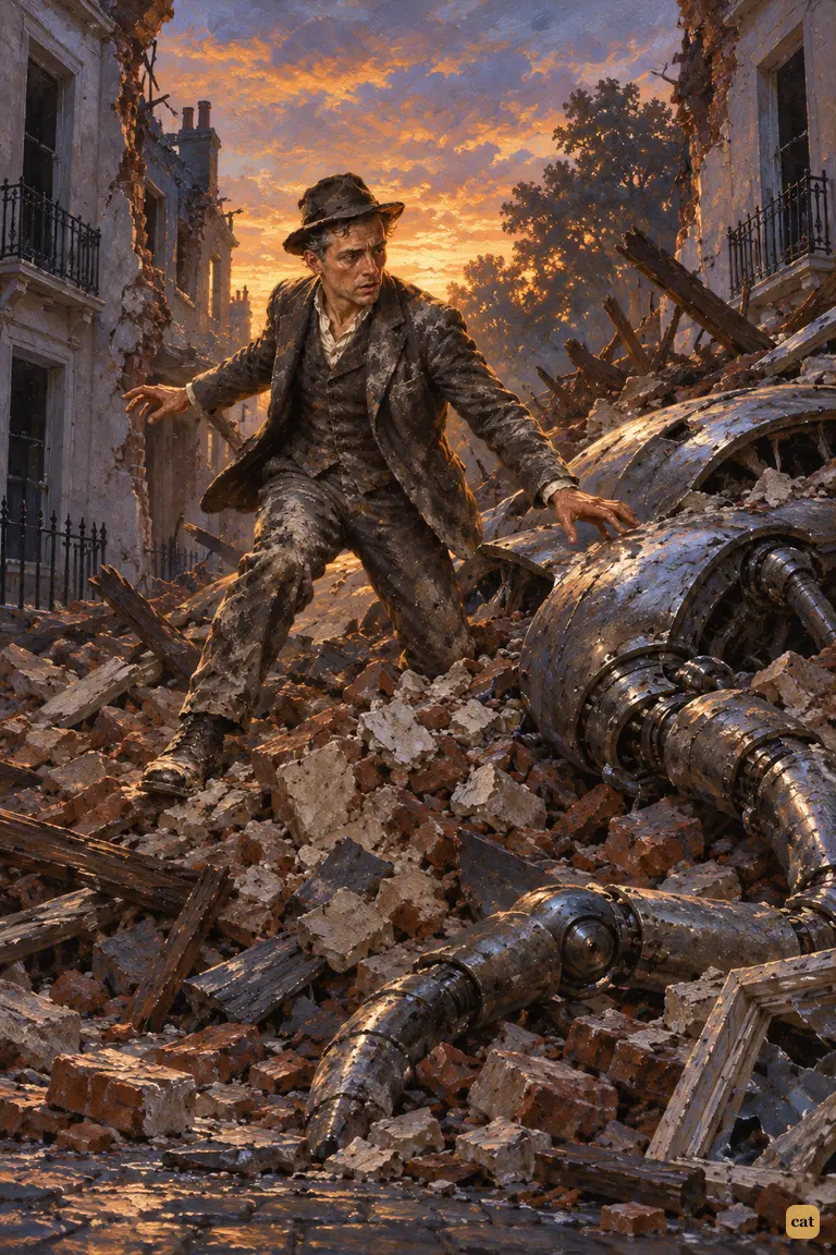 At twilight on the road to St. John's Wood, the narrator climbs what he thinks is a fallen house.