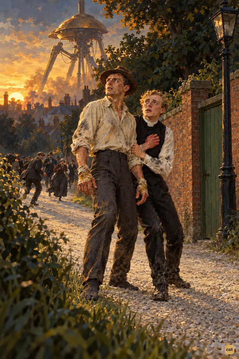 Near Kew at dusk, the narrator and the curate stop dead on a white suburban road.