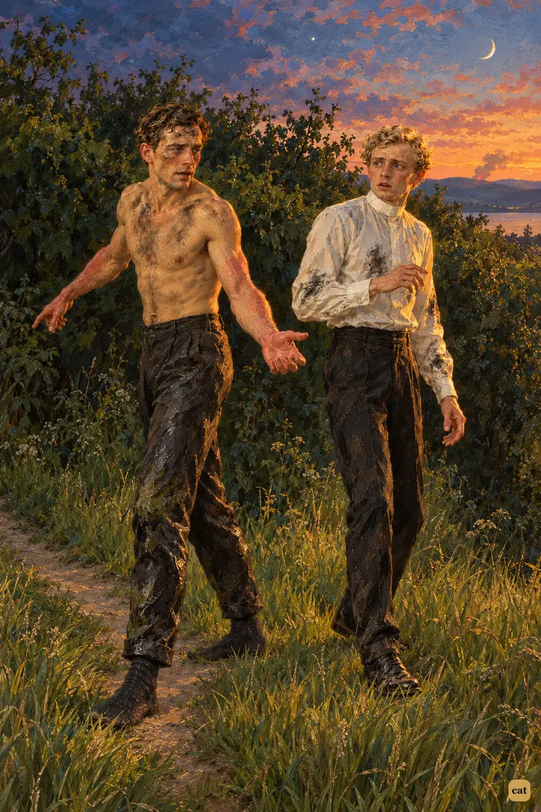 At dusk the scalded narrator turns north and beckons the curate, still facing Weybridge