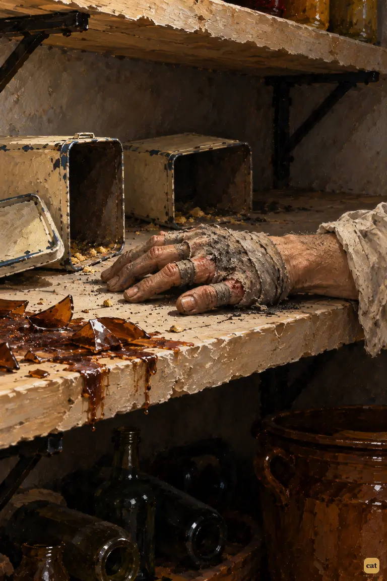 The narrator's rag-bound hand lies limp on a bare pantry shelf beside empty biscuit-tins