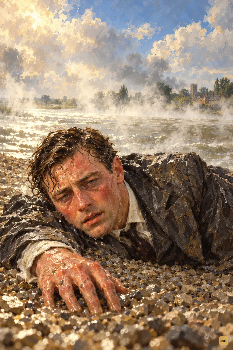 Scalded and half blind, the narrator lies collapsed on the bare gravel spit