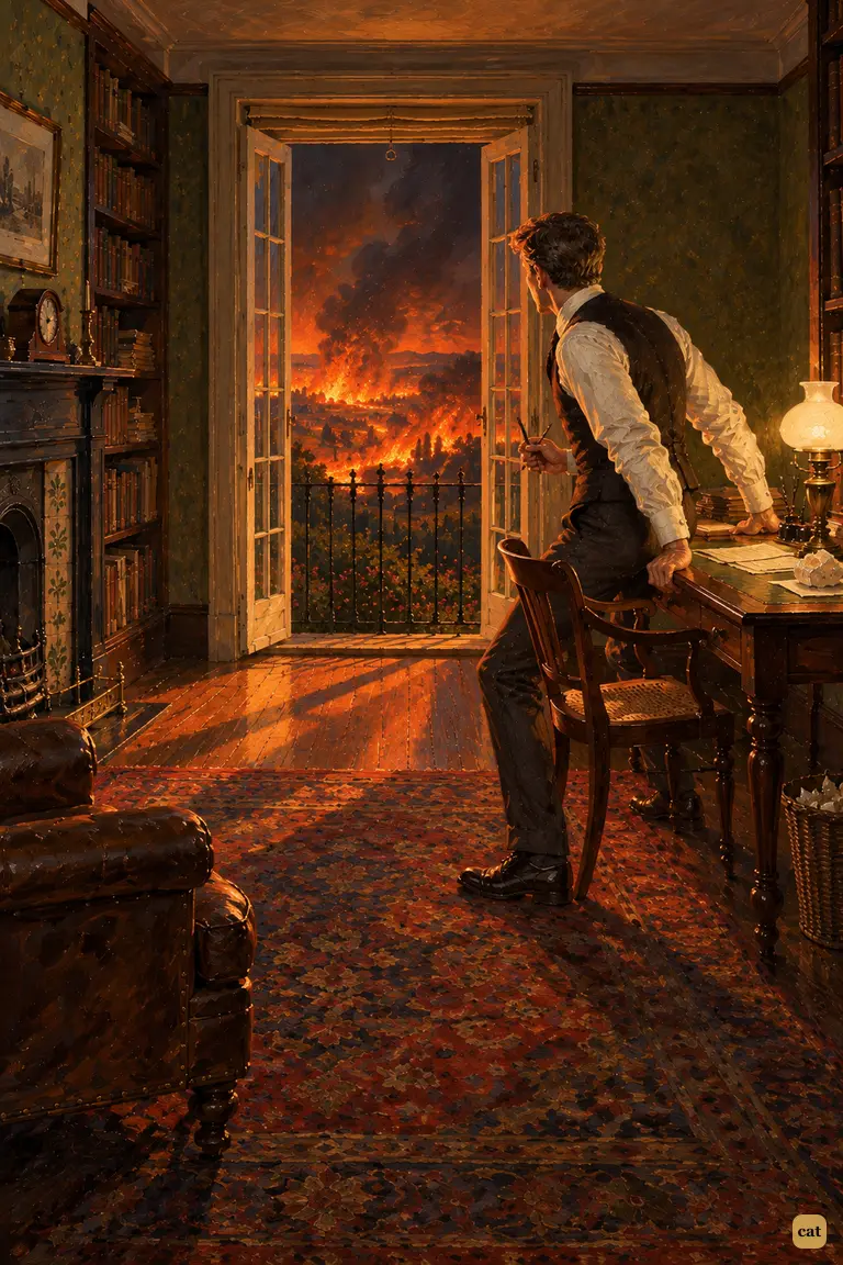 The narrator half-rises from his desk as the quiet valley turns back into a burning one