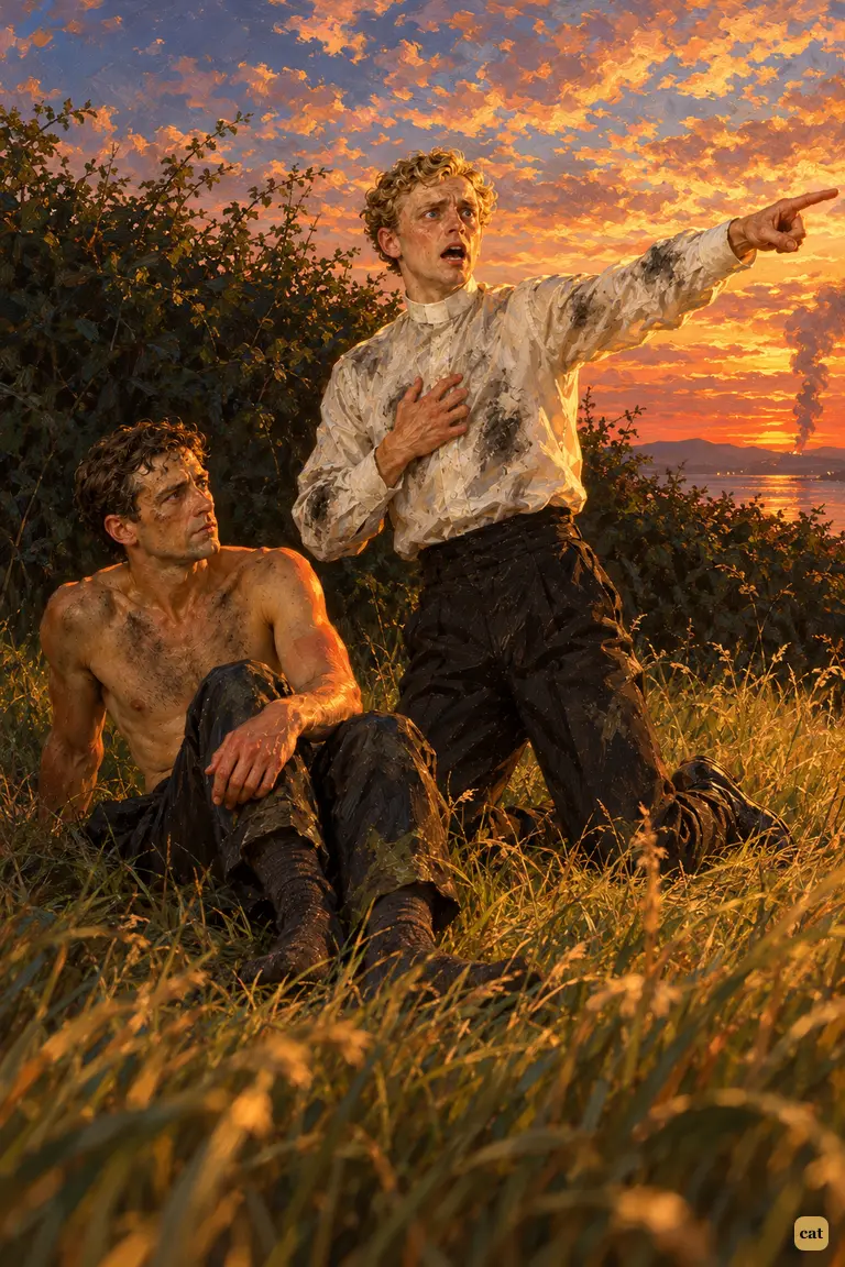 At sunset on the Walton bank, the curate rises in a frenzy and points at burning Weybridge