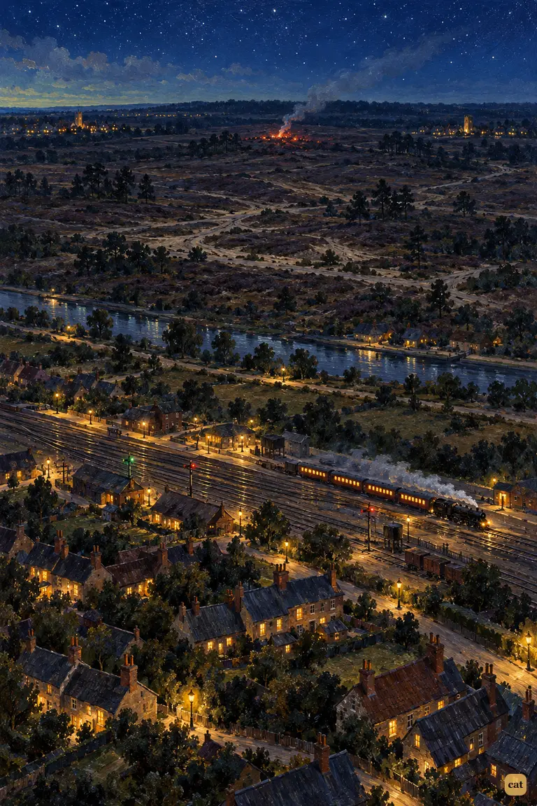 From above, Woking's lamp-lit roofs and a glowing train surround black Horsell Common