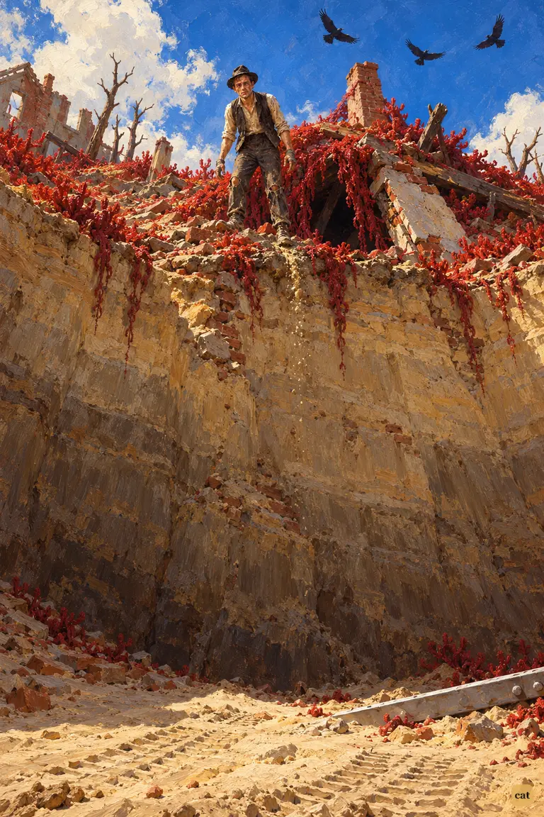 After fifteen days buried in the ruined house, the starved narrator pushes out through the red weed.