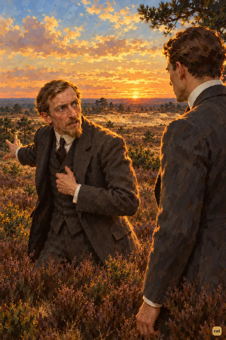 On the heath at sunset, the narrator's neighbour flings a hand toward the sand-heaps