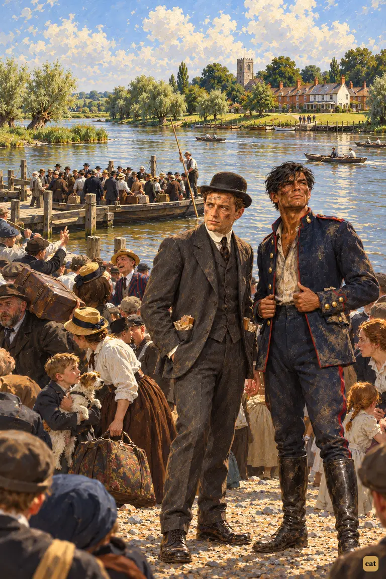 The narrator and the artilleryman reach the crowded ferry beach where Wey meets Thames