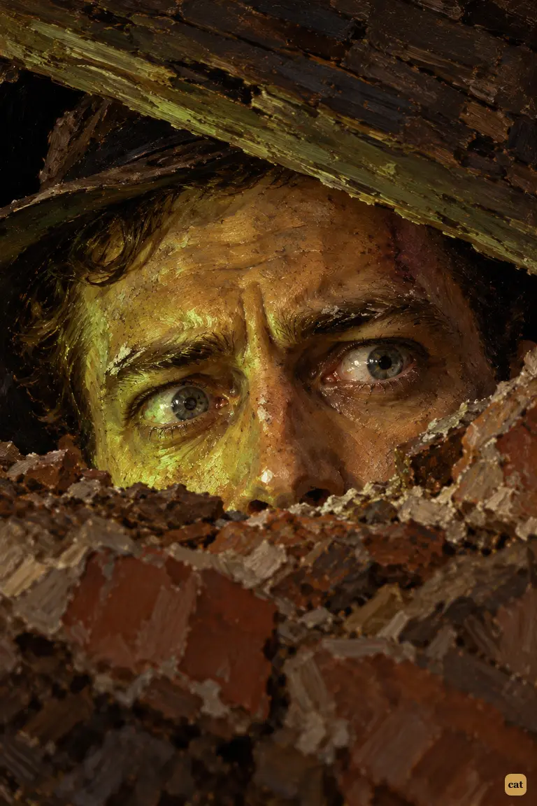 Through the gap, the narrator's wide wet eyes catch the green glare as the hooting rises