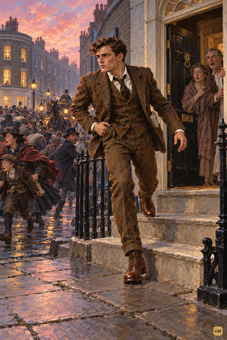 With ten pounds in his pocket, the brother comes down the lodging-house steps at dawn
