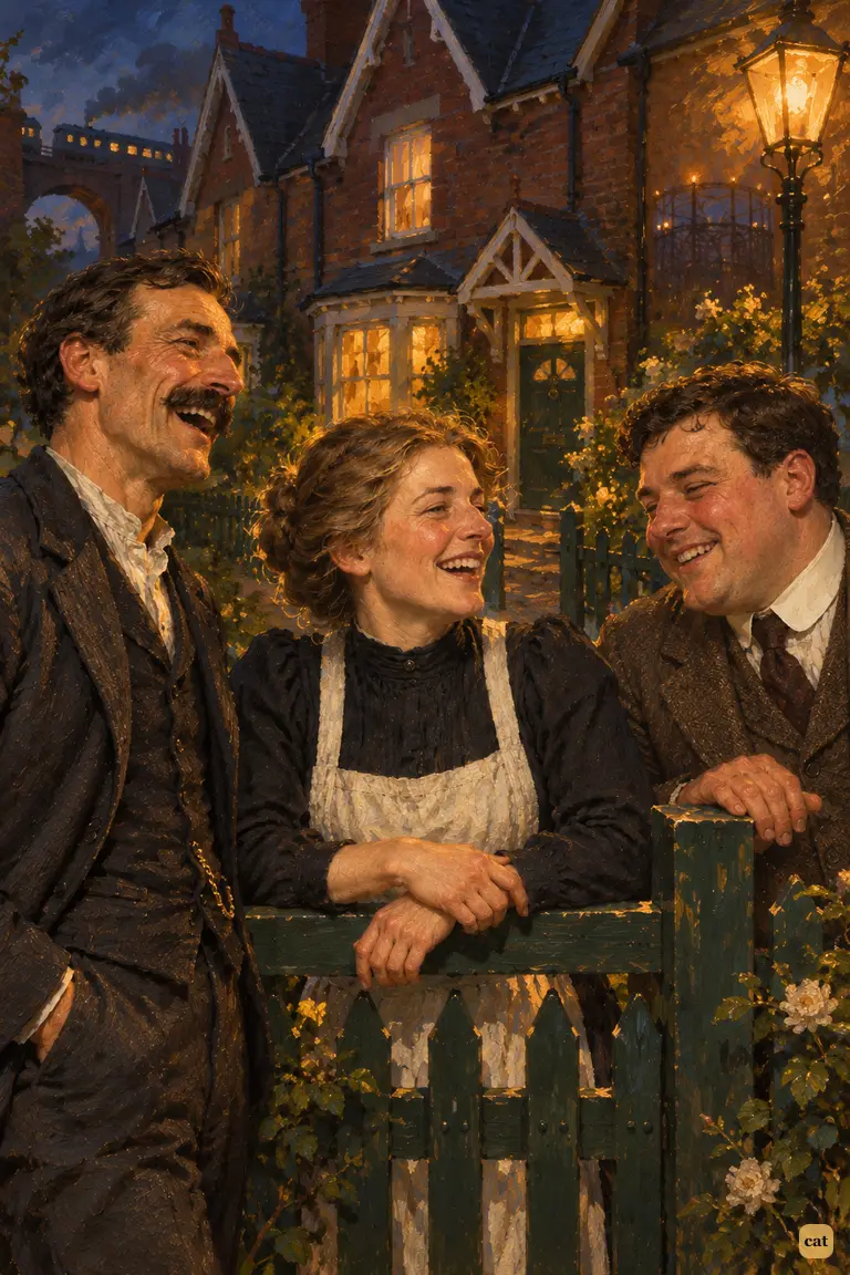At a gaslit Oriental Terrace gate, a woman and two men laugh at the narrator's Mars news