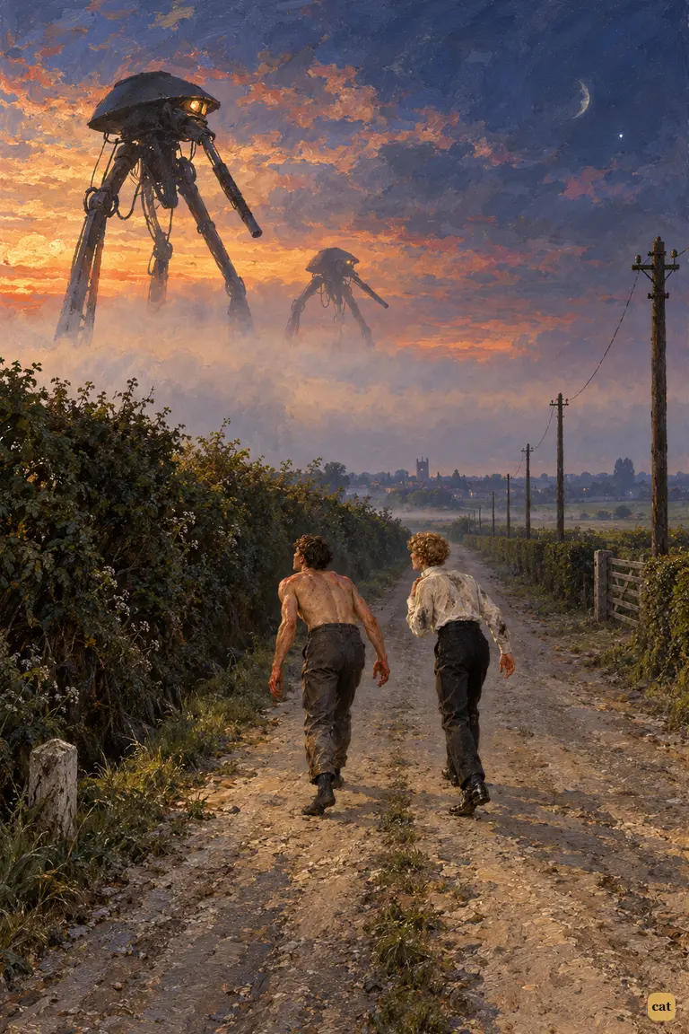 Two exhausted fugitives hurry north along the empty road out of Halliford.
