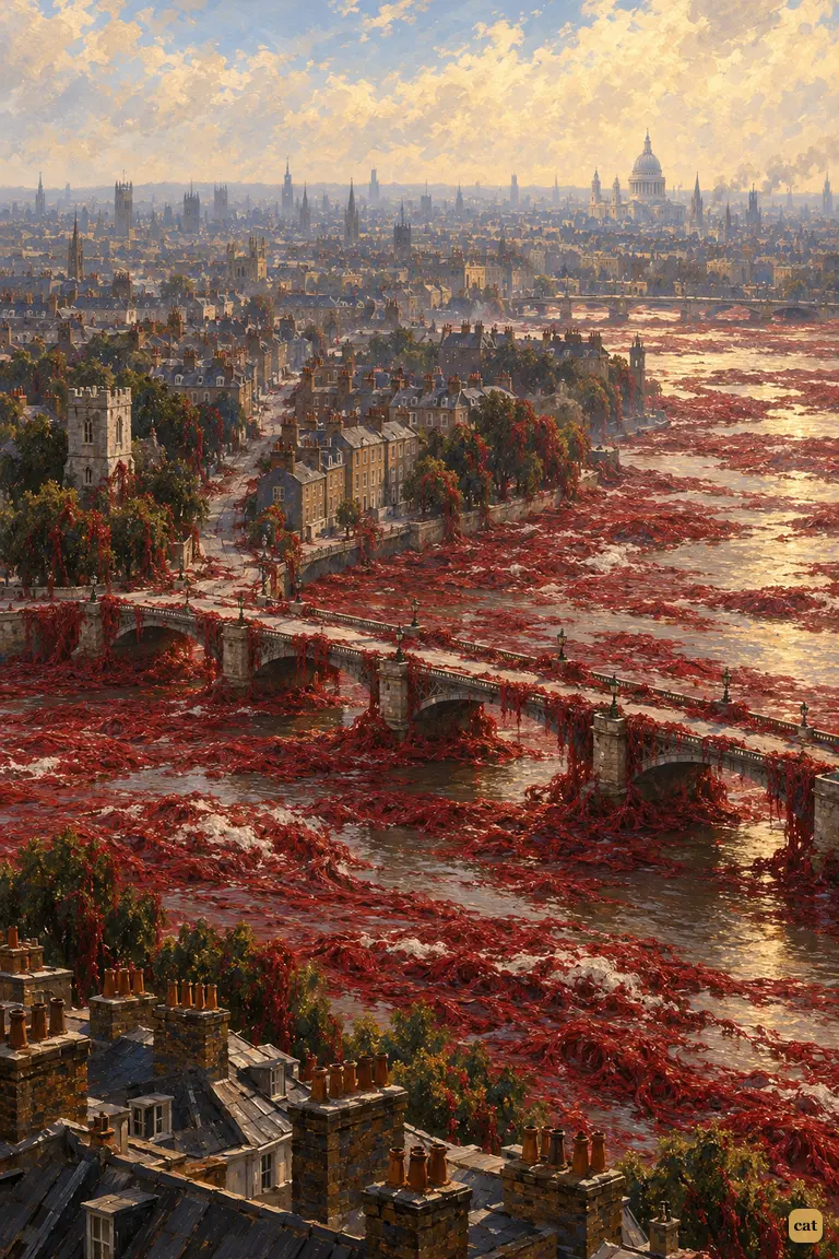 Dead London on the morning of the thirty-second day, seen from high above.