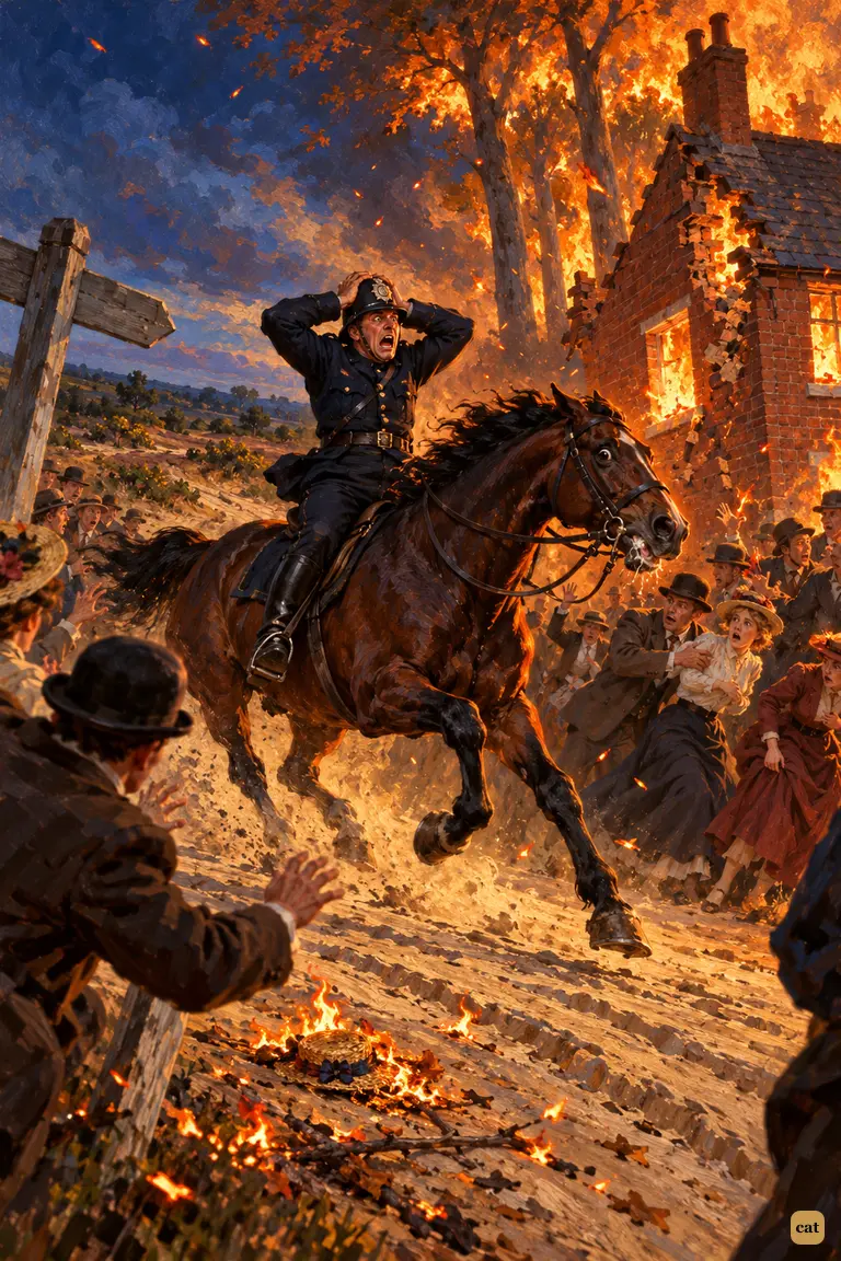 A mounted policeman gallops through the crowd, hands clasped over his head, screaming