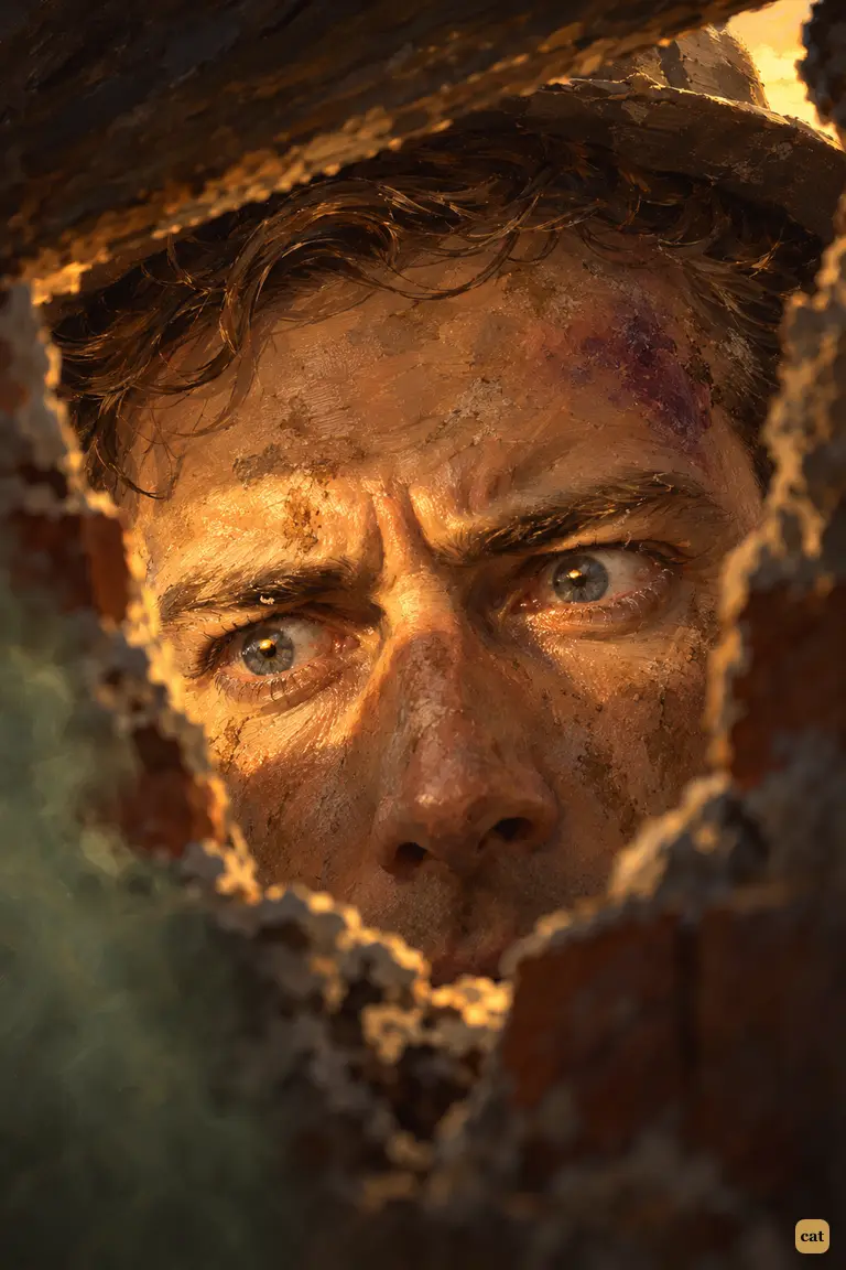 Seen from the pit's edge, the narrator's grey eyes fill the narrow slit in the rubble.