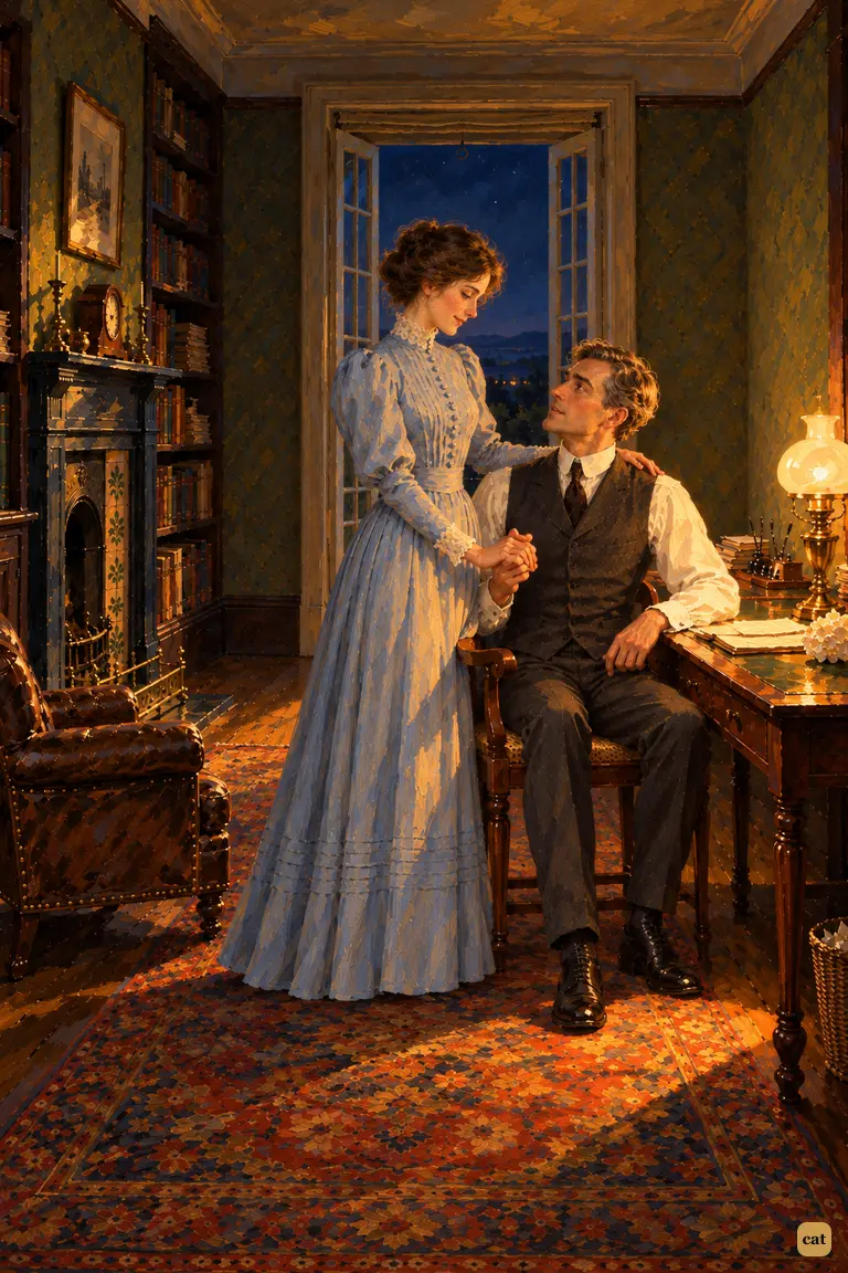 In his lamplit study, the narrator holds the hand of the wife he had counted as dead