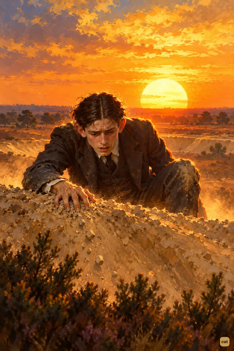 The shop assistant claws over the sand-heap against the low sun as the narrator watches