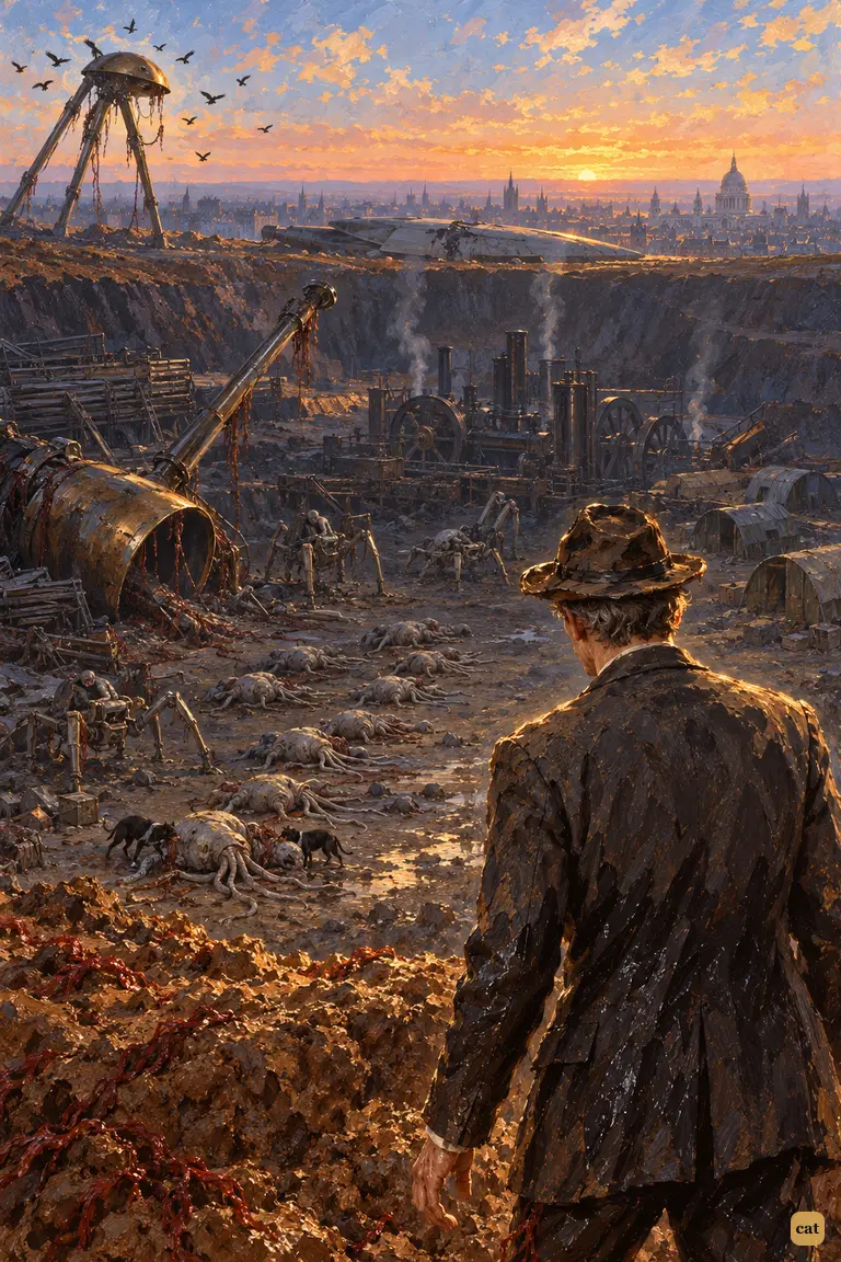 At dawn on Primrose Hill, the narrator looks down into the Martians' great pit
