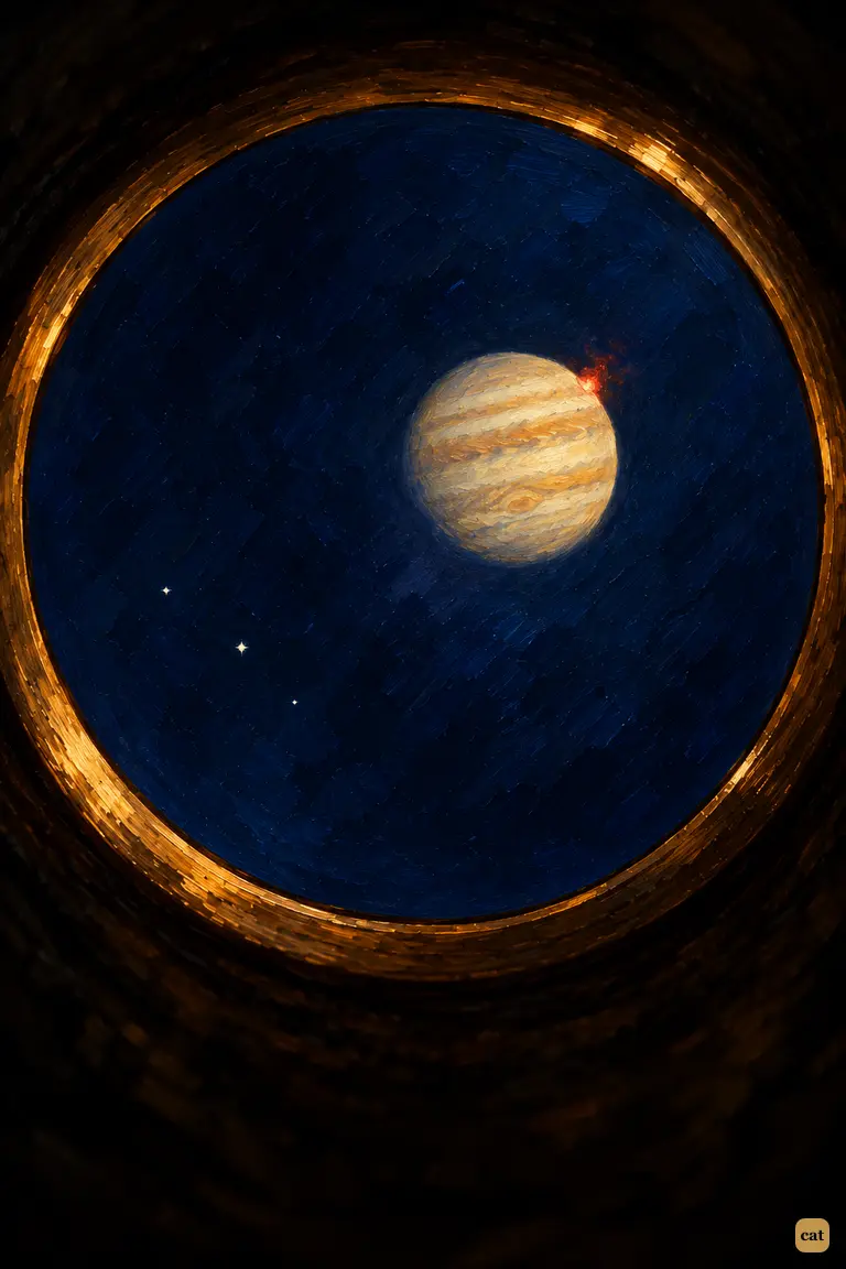 Through the eyepiece, a tiny reddish spark breaks out on the rim of the silvery planet