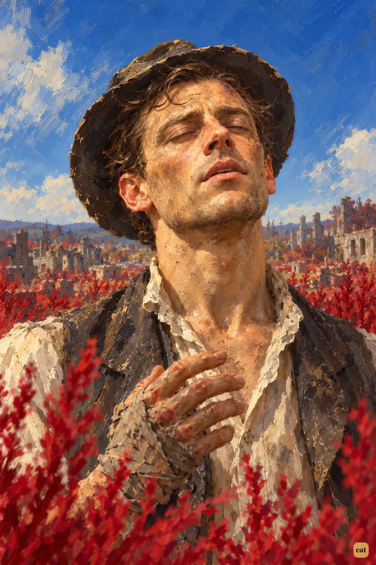 Free after fifteen days, the narrator stands on the rubble mound among the red weed