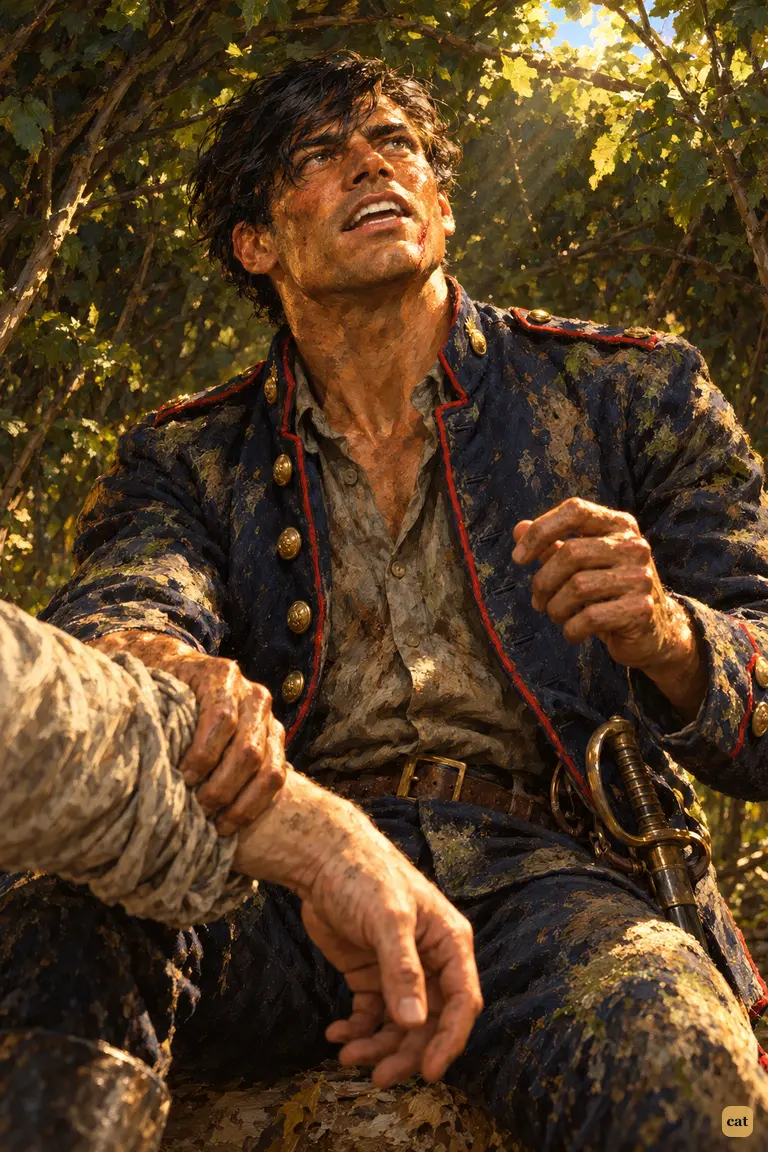 In the bower, the artilleryman grips the narrator's arm and lifts his face to the sky