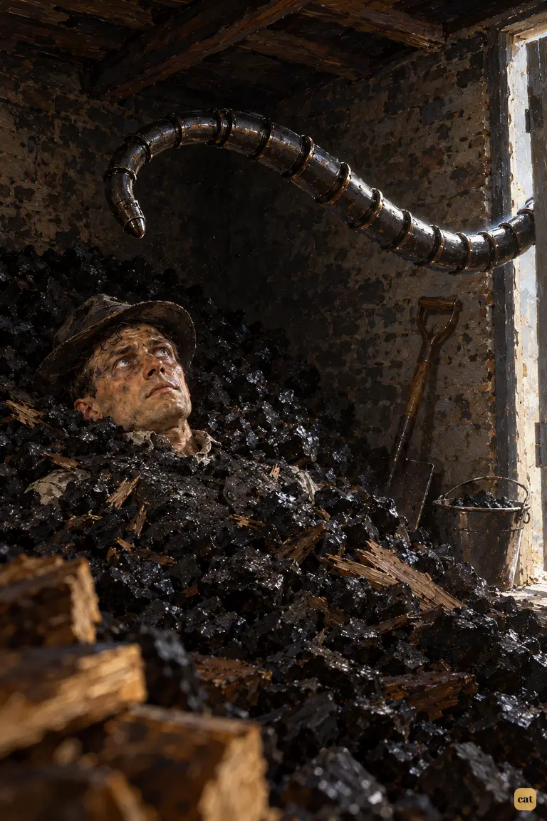 A Martian's metal tentacle sways blindly above the narrator, buried to the chin in coal