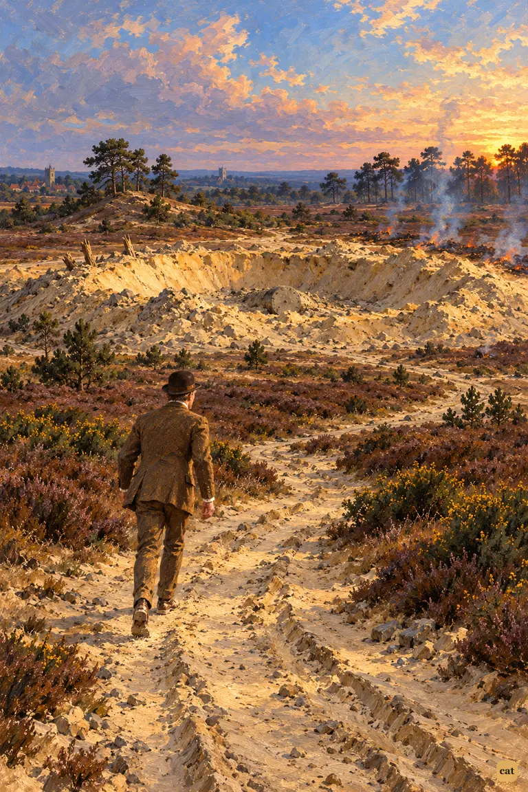 At dawn on Horsell Common, Ogilvy strides alone toward a huge ring of flung sand