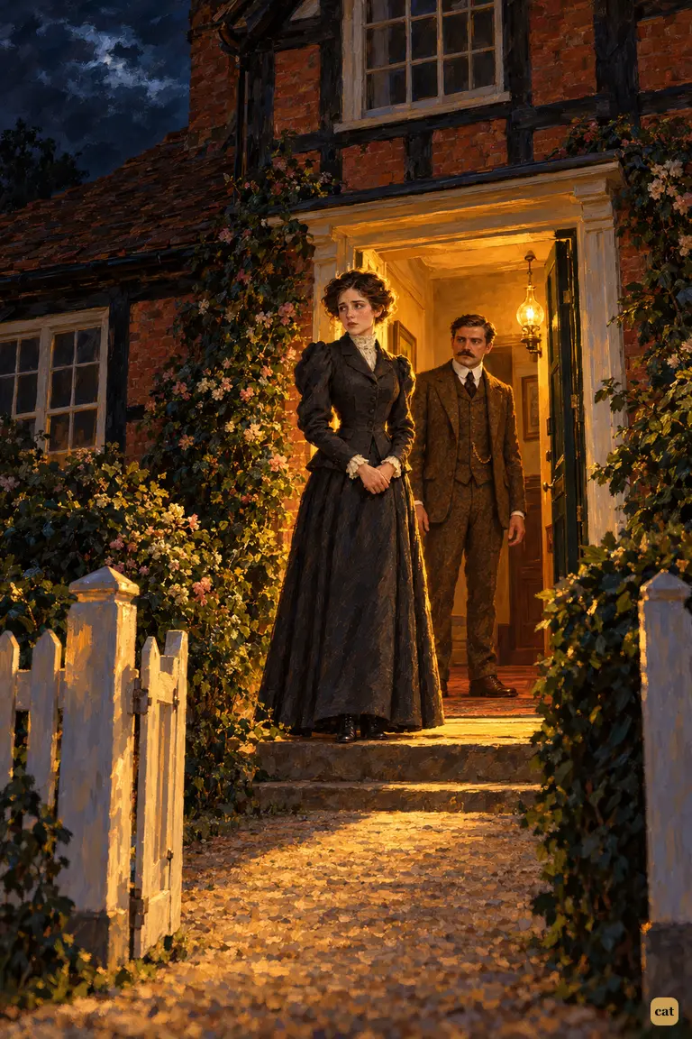 In a lamplit Leatherhead doorway, the narrator's pale wife watches him drive off