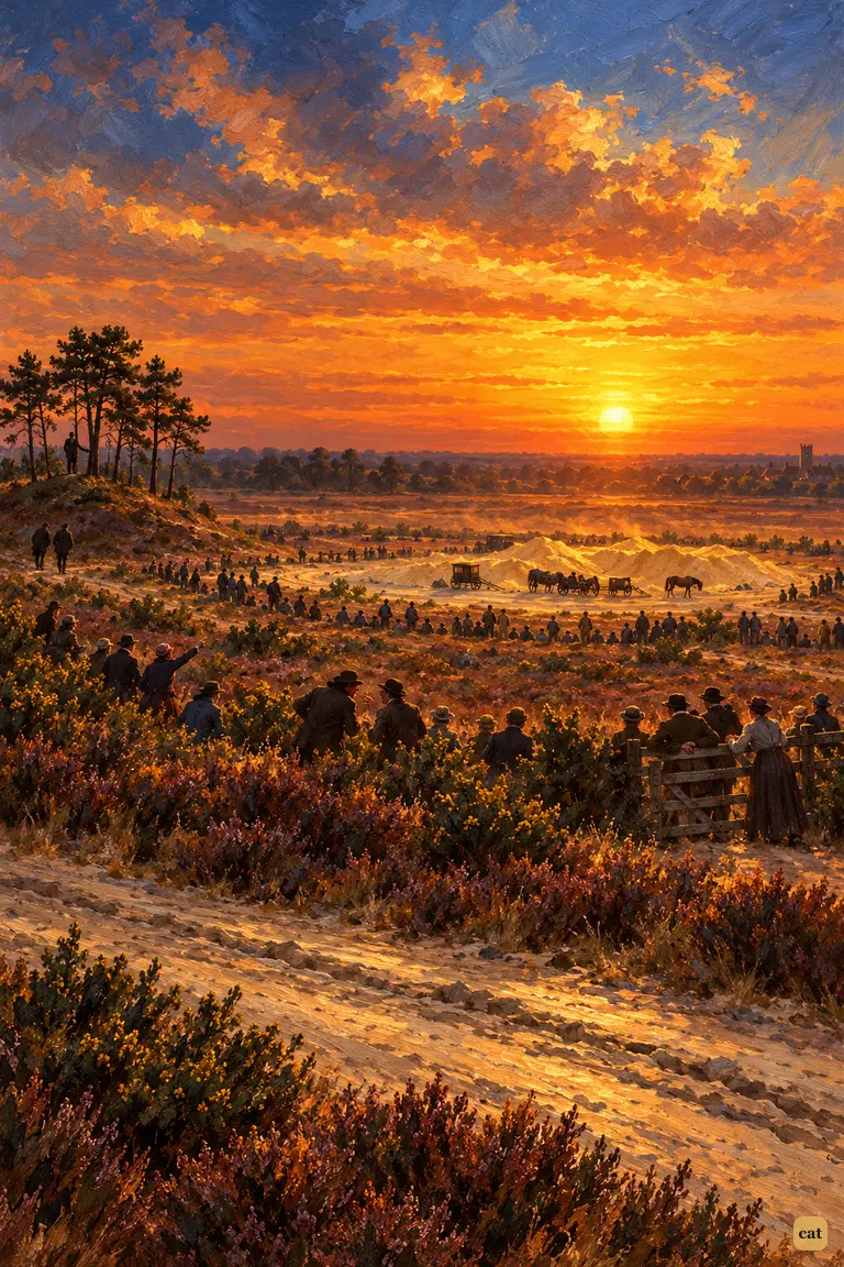 From the Chobham road, a broken ring of onlookers crouches, staring at low heaps of sand