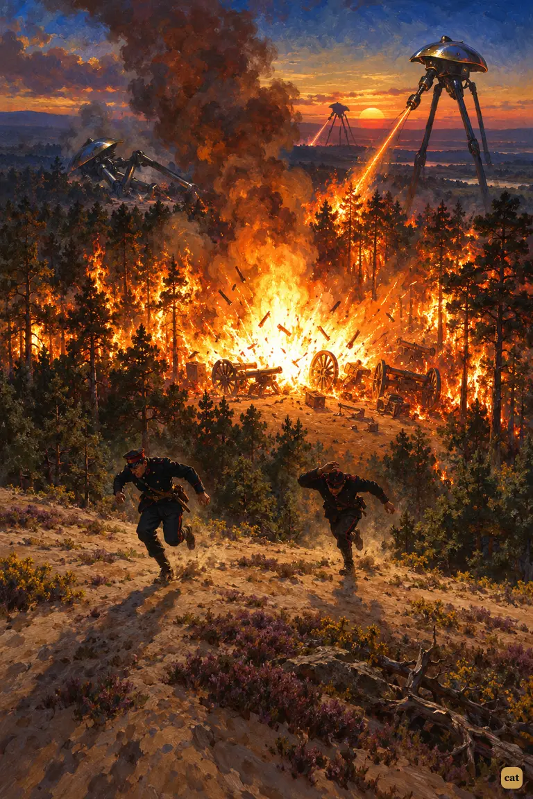 On St. George's Hill the Heat-Rays hit the battery; ammunition blows up and pines burn