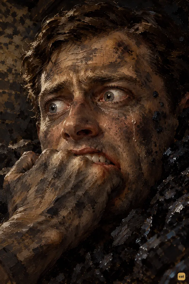 Half-buried in the coal cellar, the narrator bites down on his own hand to keep from screaming.
