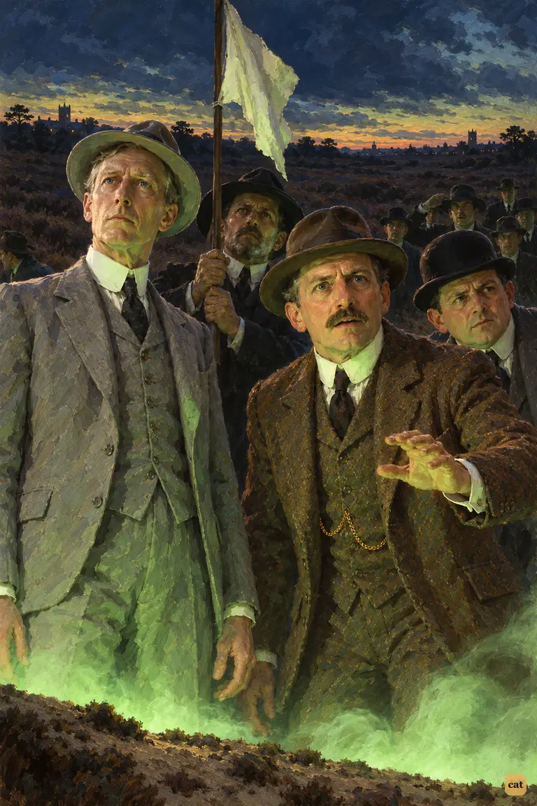 At dusk the Deputation stops dead before the pit on Horsell Common, white flag raised.