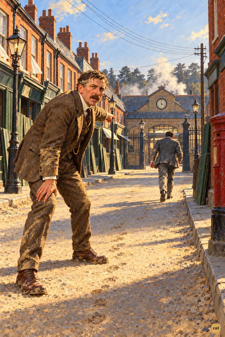 Ogilvy is out of breath and stops in the sunlit Woking street, pointing after Henderson.