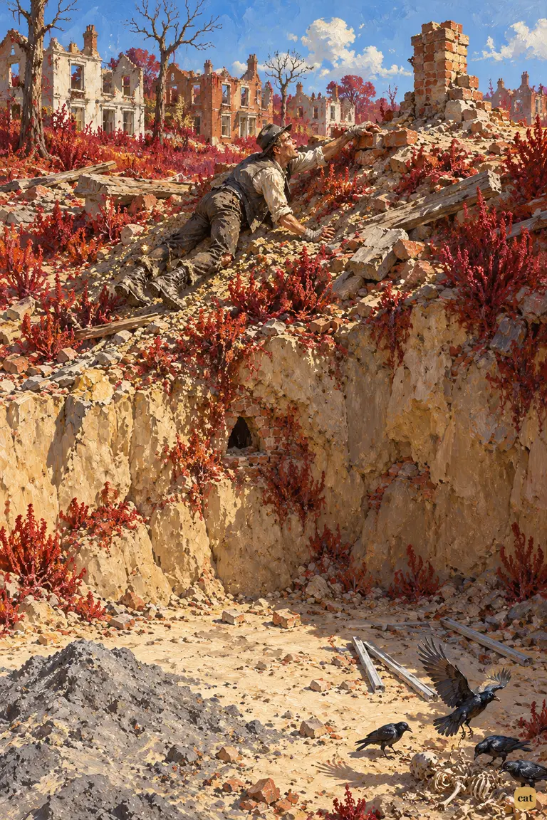 On the fifteenth day, the starved narrator claws his way up the rubble slope
