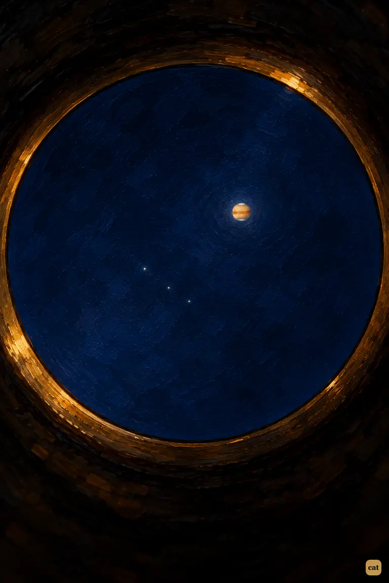 Through the eyepiece, Mars sits small, silvery and still in a circle of deep blue