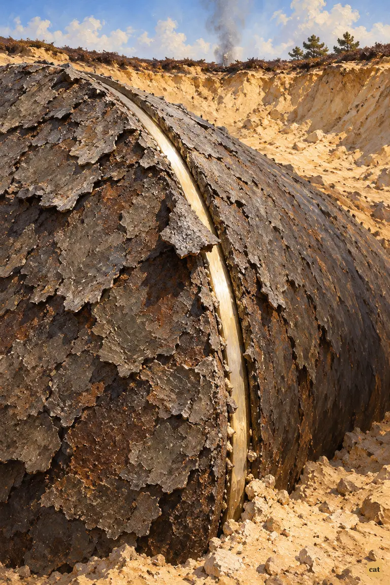A thin seam of yellowish-white metal gleams between the rusty cylinder's lid and body