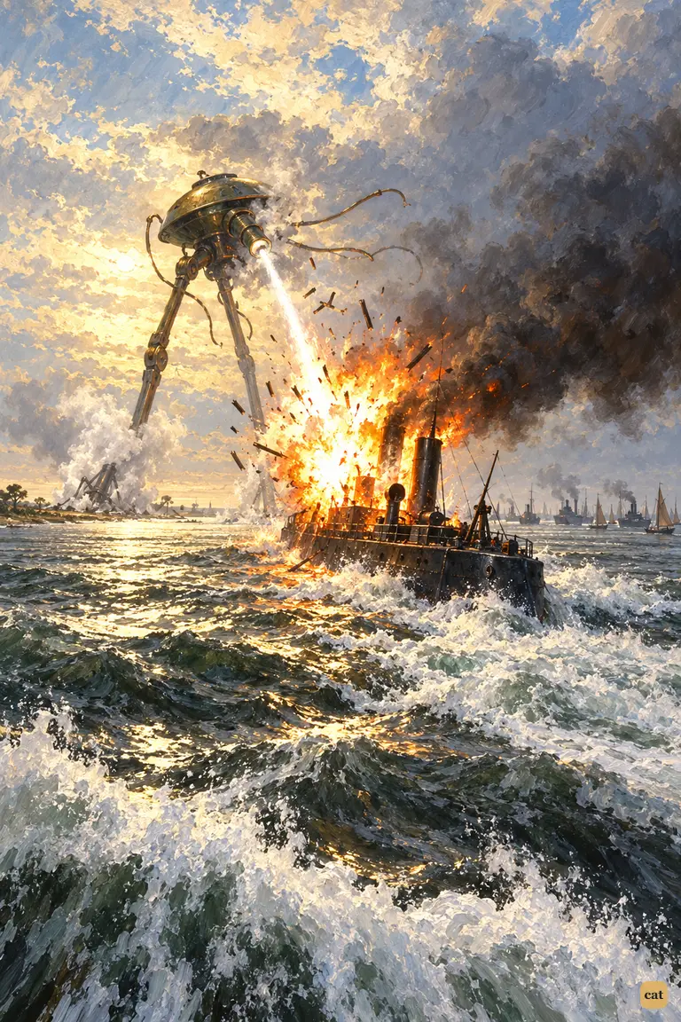 The burning Thunder Child drives at a second Martian as her decks burst in a flash