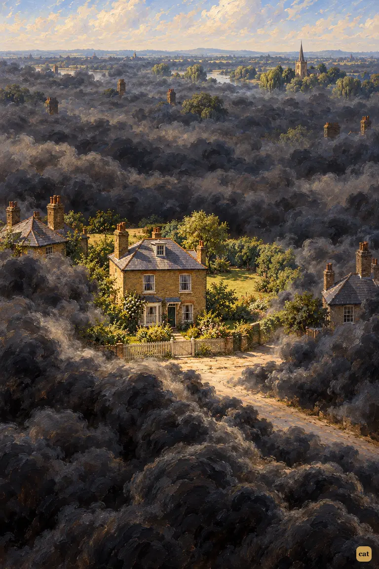 A lone brick house at Upper Halliford sits in a clearing as black smoke closes in