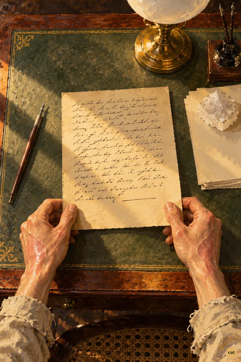 Back in his dust-filled study, the narrator lifts the sheet he left a month ago