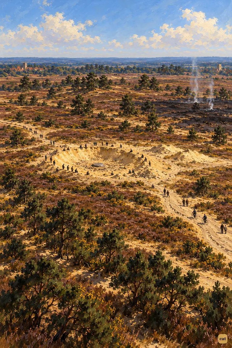 A high view across Horsell Common on a still June morning.