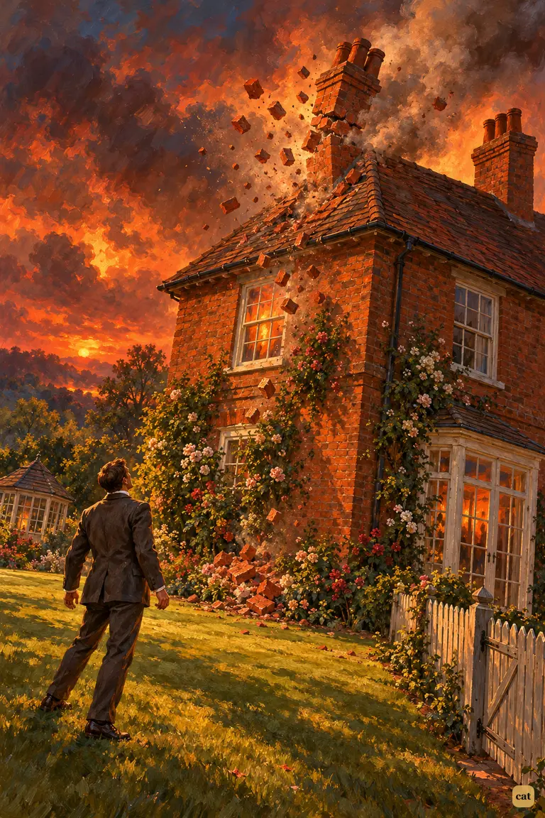 Struck by the Heat-Ray, the narrator's chimney bursts and bricks clatter down the tiles