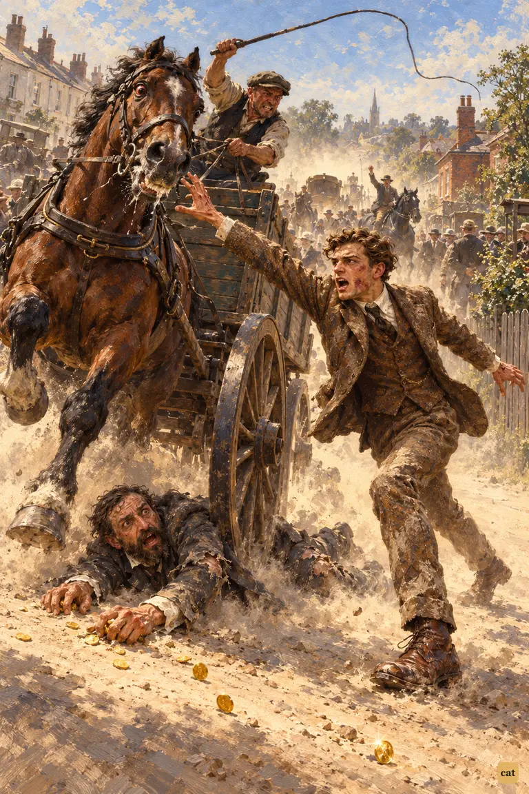 A young man lunges too late for the horse as a wheel rolls over a bearded man's back