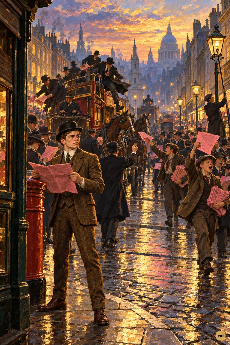 At dusk the wet pink special edition sweeps out of Wellington Street into the Strand.
