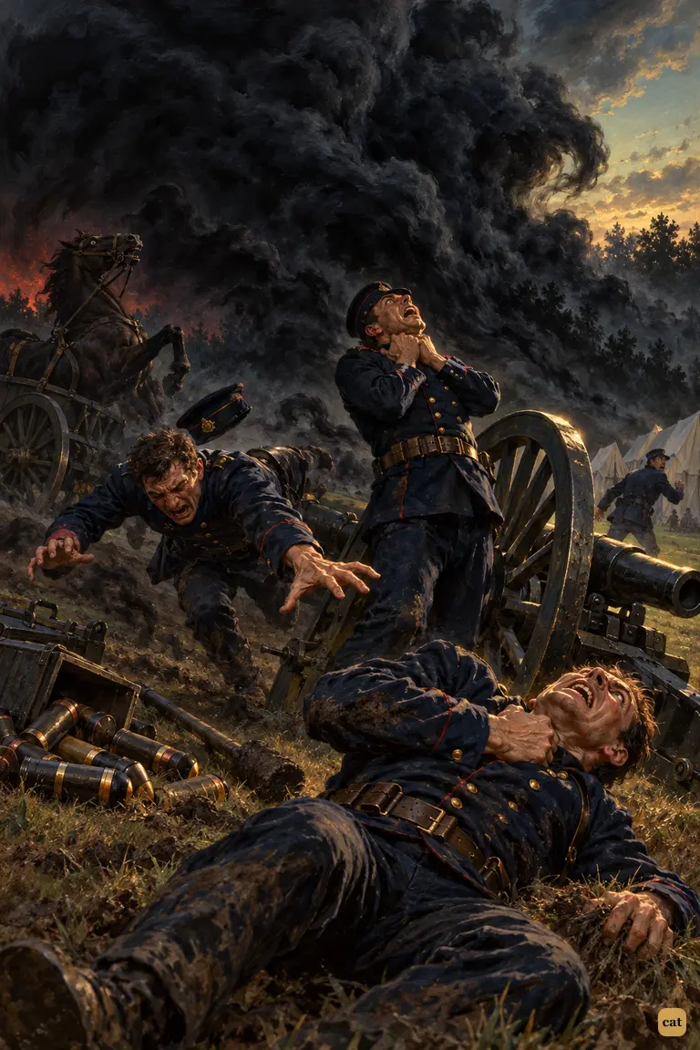 The black vapour rolls over the waiting battery near Esher at twilight.
